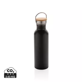 Botella moderna de acero inoxidable con tapa de bambú.