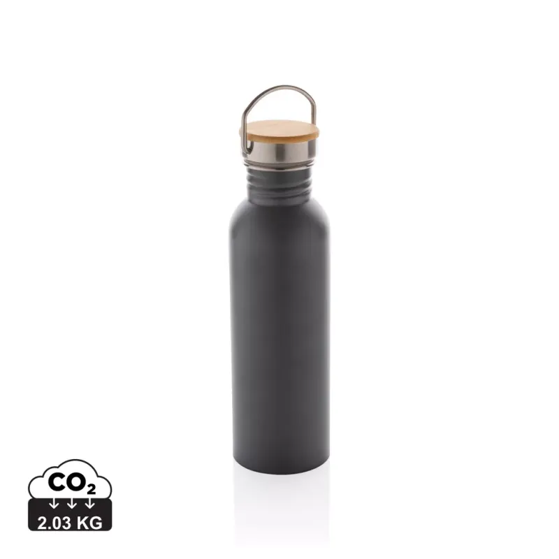 Botella moderna de acero inoxidable con tapa de bambú.
