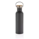 Botella moderna de acero inoxidable con tapa de bambú.