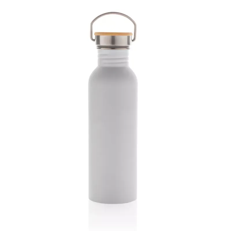 Botella moderna de acero inoxidable con tapa de bambú.
