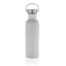 Botella moderna de acero inoxidable con tapa de bambú.