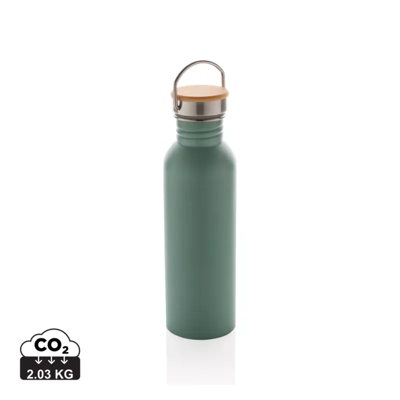 Botella moderna de acero inoxidable con tapa de bambú.