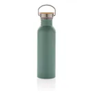 Botella moderna de acero inoxidable con tapa de bambú.