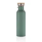 Botella moderna de acero inoxidable con tapa de bambú.