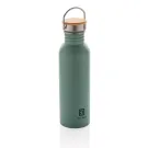 Botella moderna de acero inoxidable con tapa de bambú.
